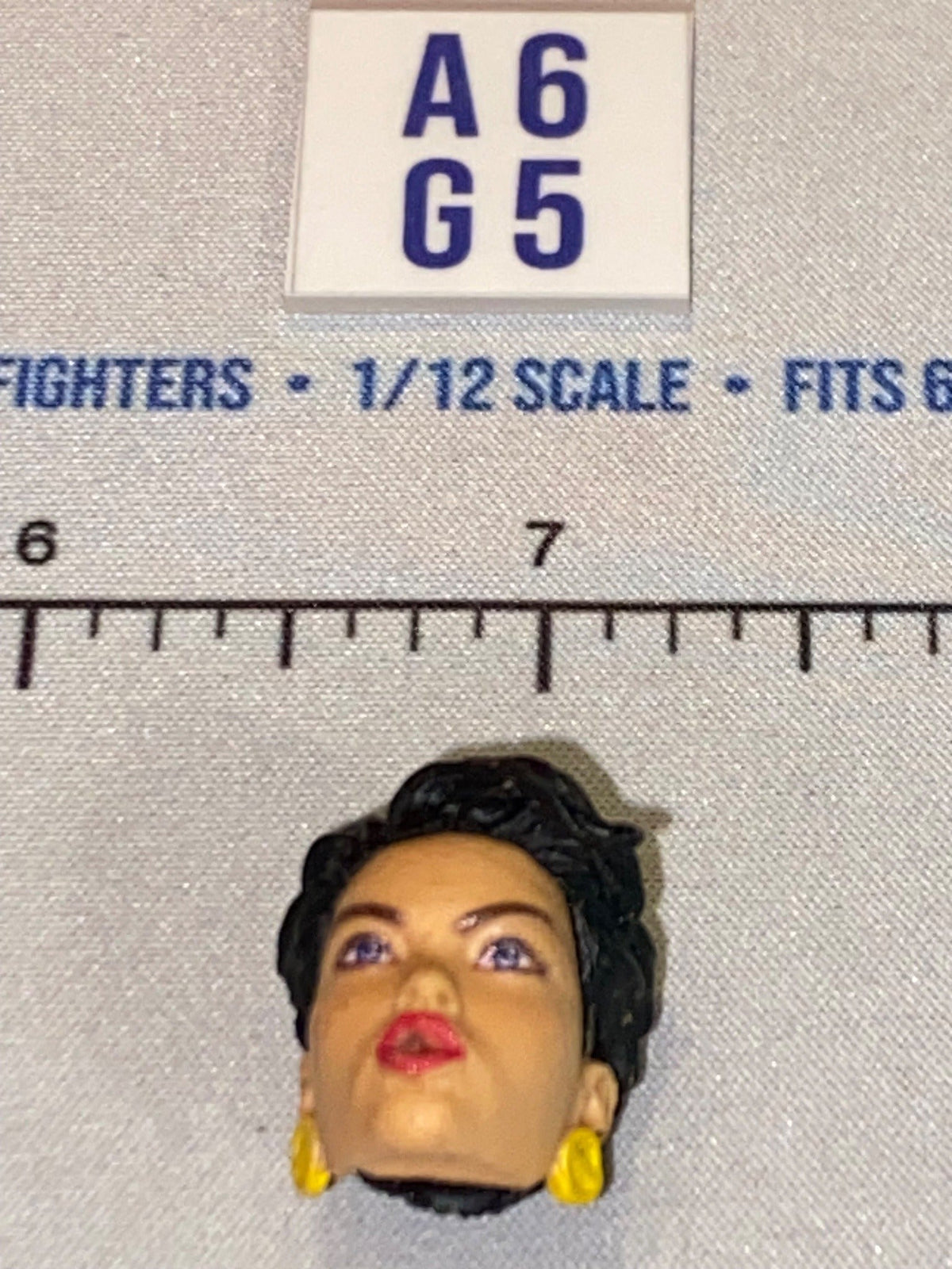 1/12 Scale Marvel Legends Modern Female Head Sculpt with Yellow Earrings - Dark Hair Red Lips